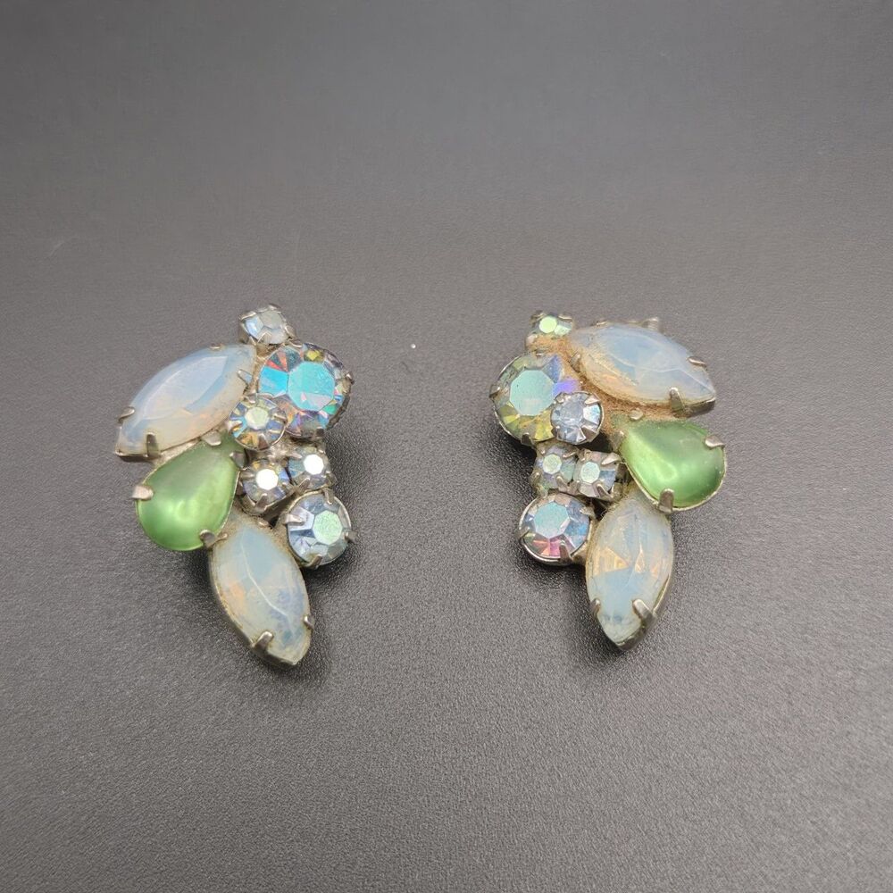 Vintage Kramer Gold Tone Green Aurora Borealis Rhinestone Clip Earrings SIGNED